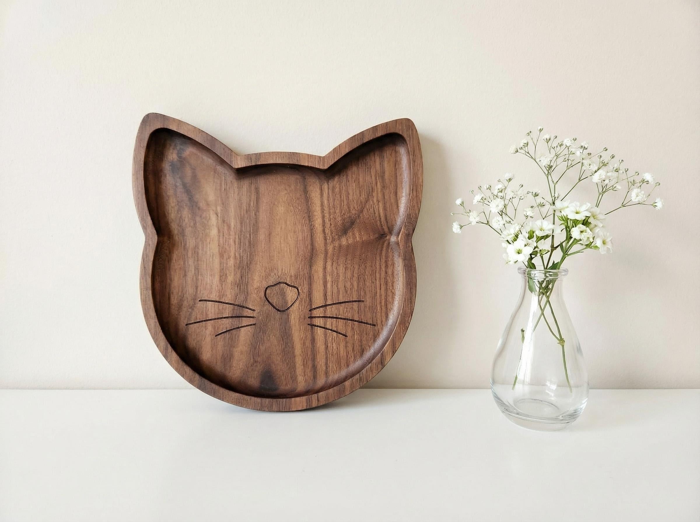 Personalized cat-shaped wooden catch-all tray, lifestyle shot
