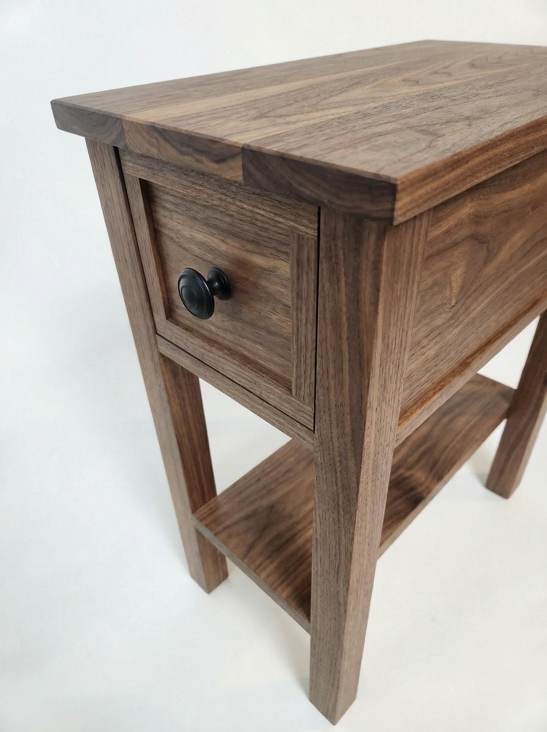 Real Walnut Narrow End-Table / Nightstand with shelf and drawer