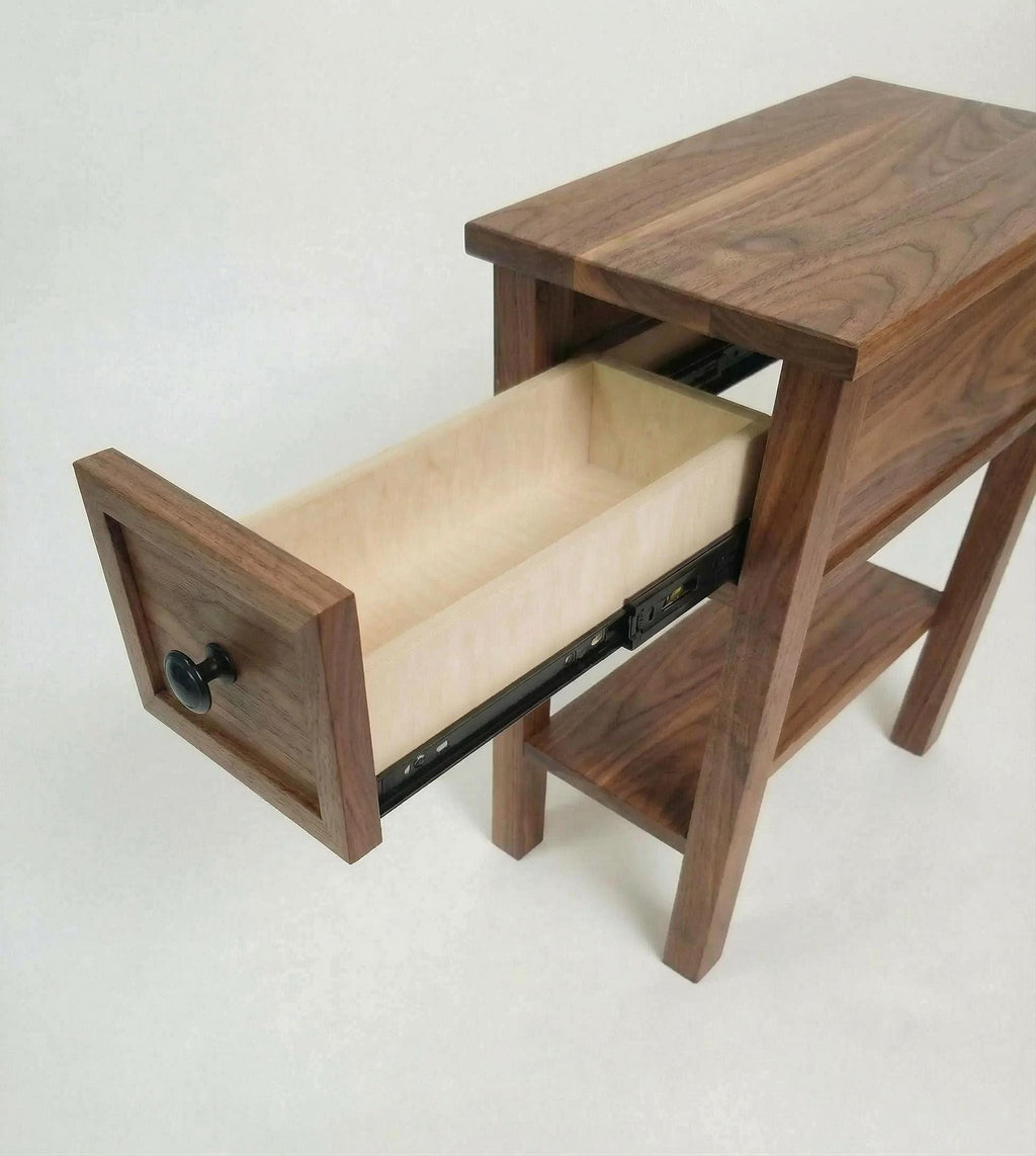 Real Walnut Narrow End-Table / Nightstand with shelf and drawer