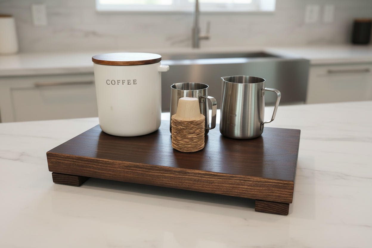 Wooden tray with coffee mug, milk container, and metal cup on a kitchen counter.