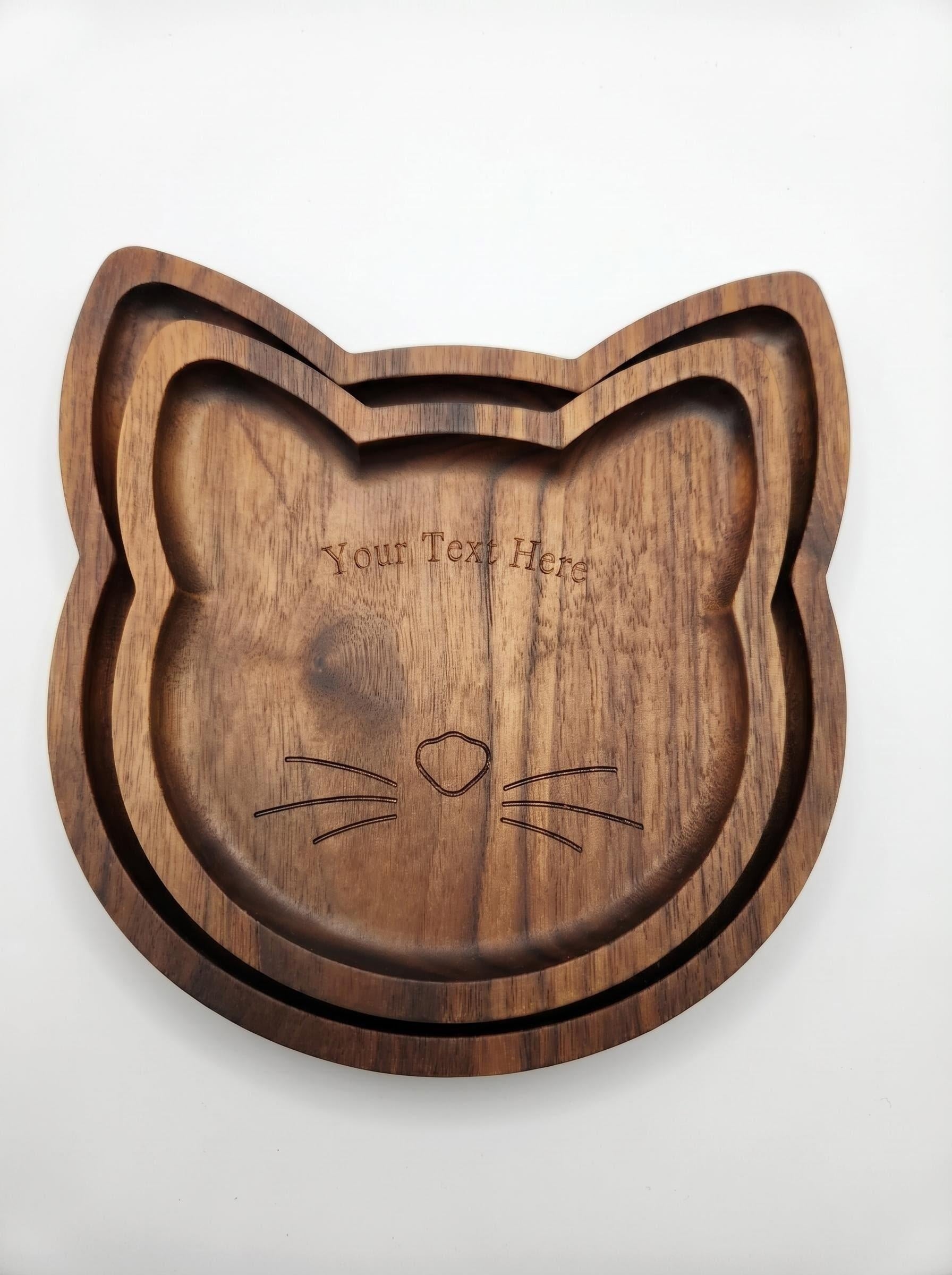 Wooden cat-shaped tray with 'Your Text Here' engraving on a white background