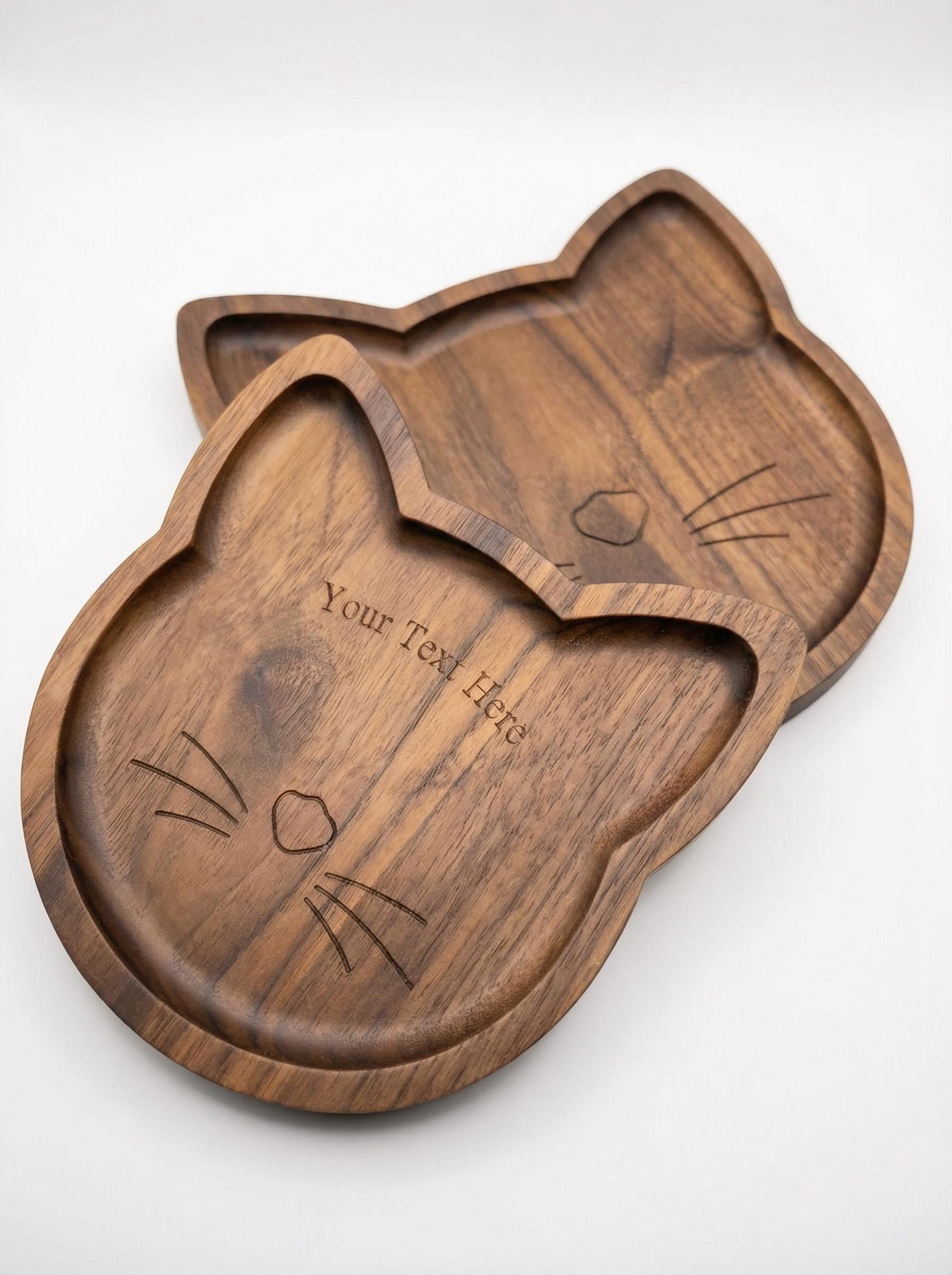 Custom cat-shaped wooden tray gift, made to order with personalized engraving