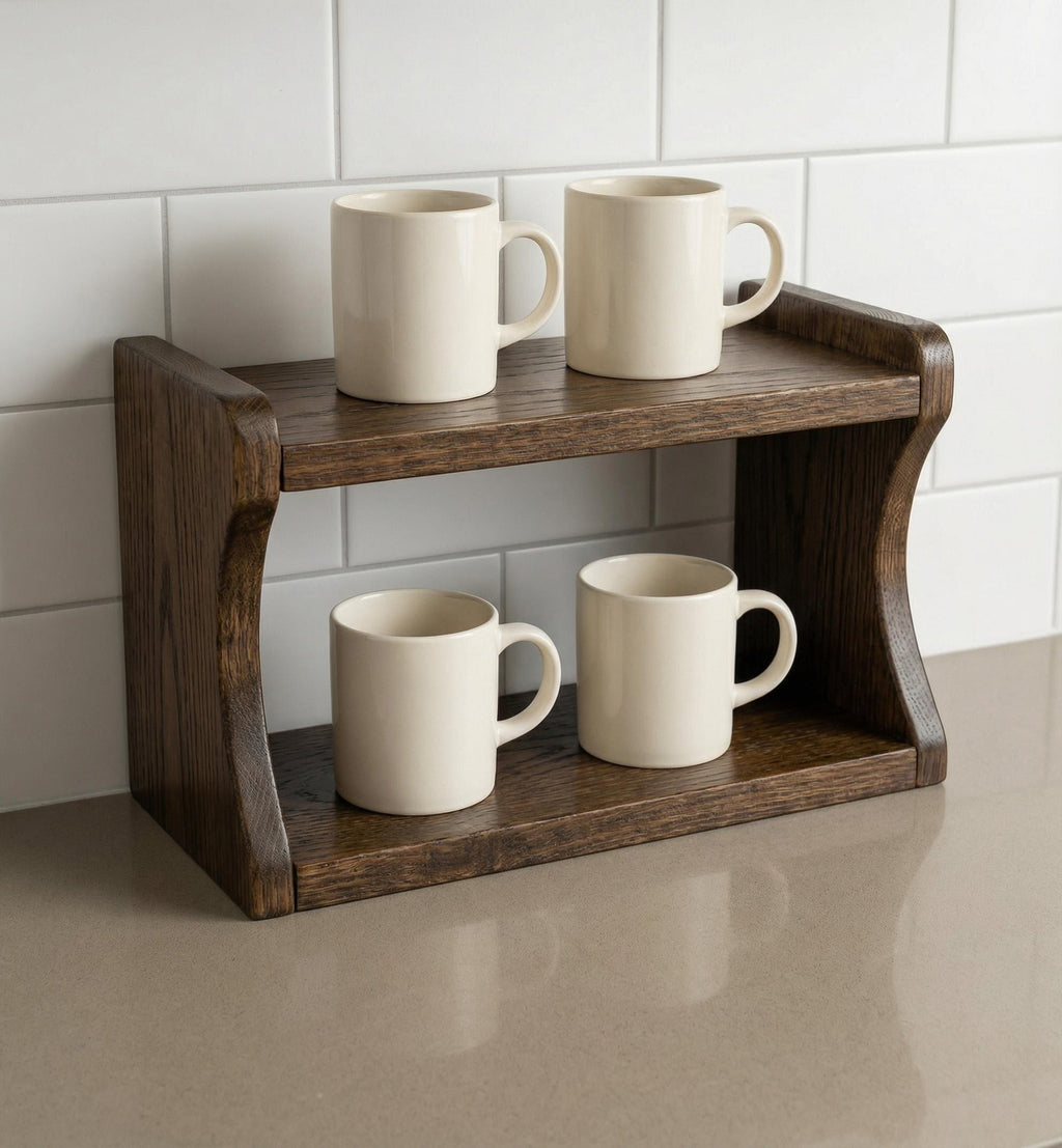 Solid oak kitchen shelf holding coffee and tea cups, handmade wood organizer