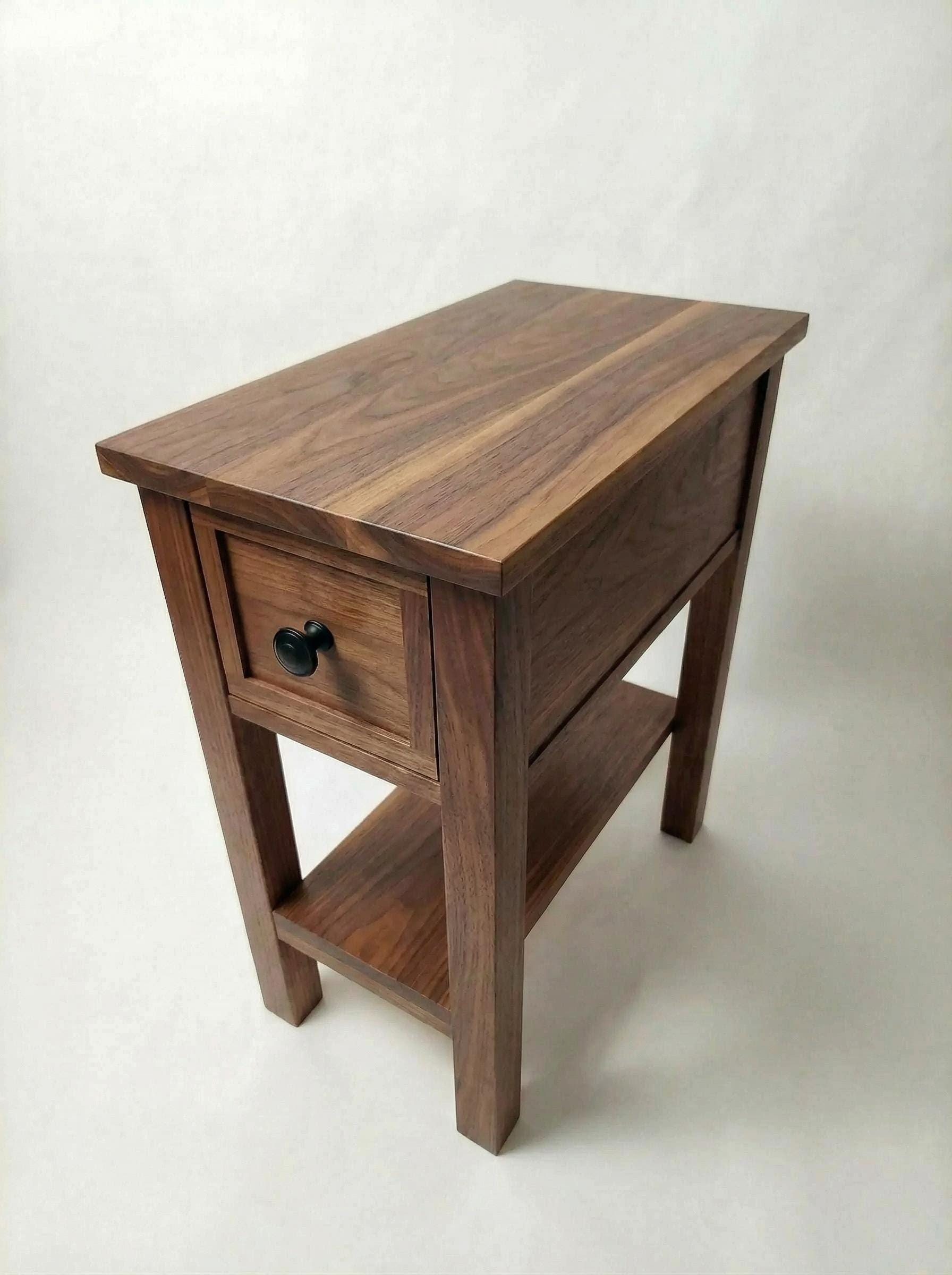 Real Walnut Narrow End-Table / Nightstand with shelf and drawer