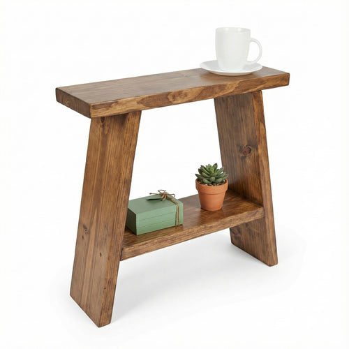 Wooden side table with a cup, gift box, and potted plant on a white background