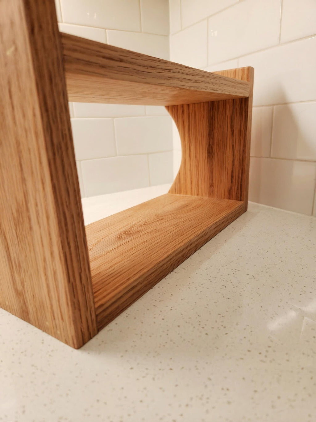 Oak wood shelf with coffee station setup, custom handmade organizer